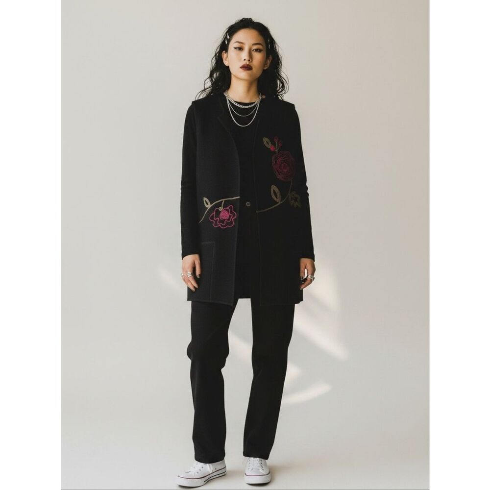 Black Embroidered Floral Wool Vest